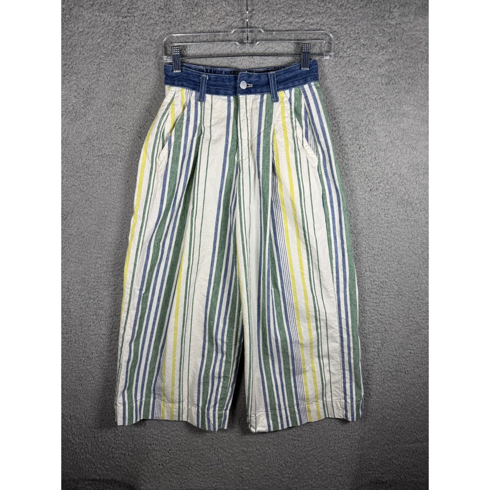 Pilcro Anthropologie Striped Wide Leg Pants Denim Waist‎ Cotton Linen XXS